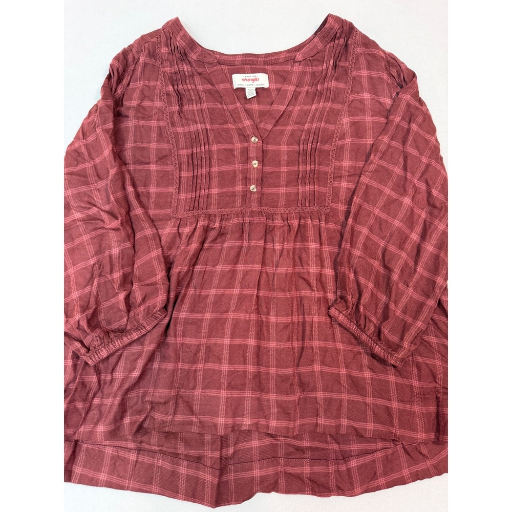 Wrangler Womens Burgundy Plaid Pintuck V-Neck Peasant Blouse XL 1815407